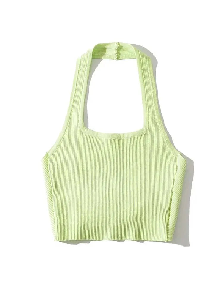 2024 Summer Fashion Sexy Women’s Crop Tube Tops Halter Neck Sleeveless Solid Back Kink Knitted Vest