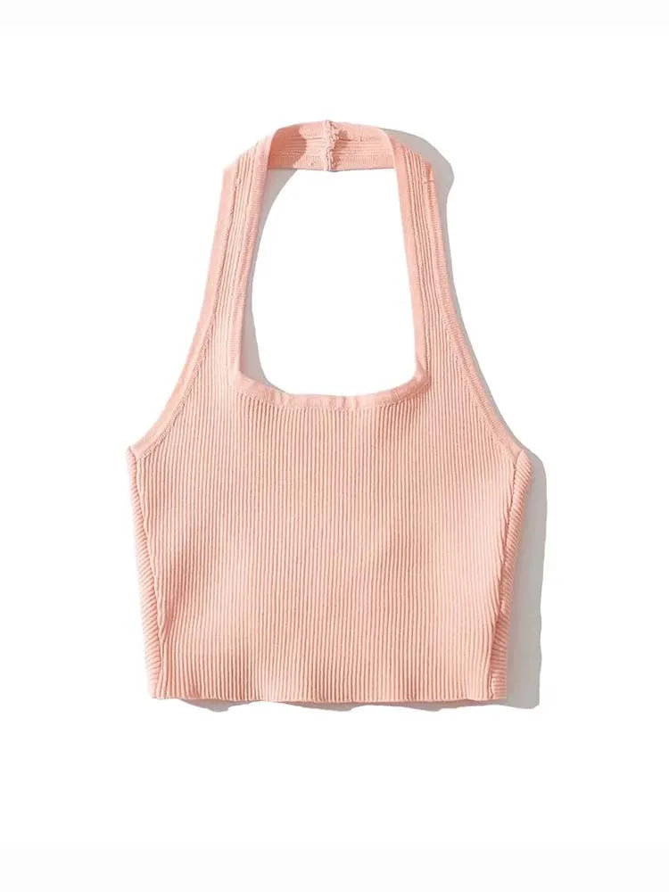 2024 Summer Fashion Sexy Women’s Crop Tube Tops Halter Neck Sleeveless Solid Back Kink Knitted Vest