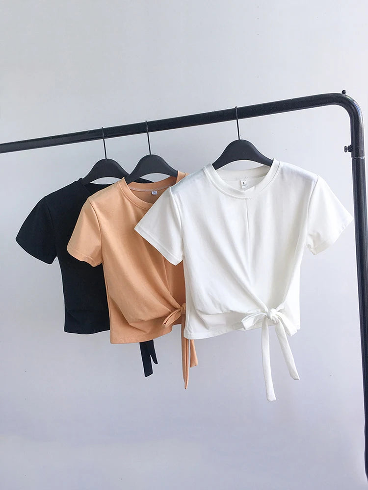 2024 Summer Fashion Y2K T-shirt Woman Korean Bandage Sexy Crop Top Women Short Sleeve Skinny Kpop Tee Shirt Femme Solid Cloth