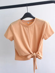 2024 Summer Fashion Y2K T-shirt Woman Korean Bandage Sexy Crop Top Women Short Sleeve Skinny Kpop Tee Shirt Femme Solid Cloth