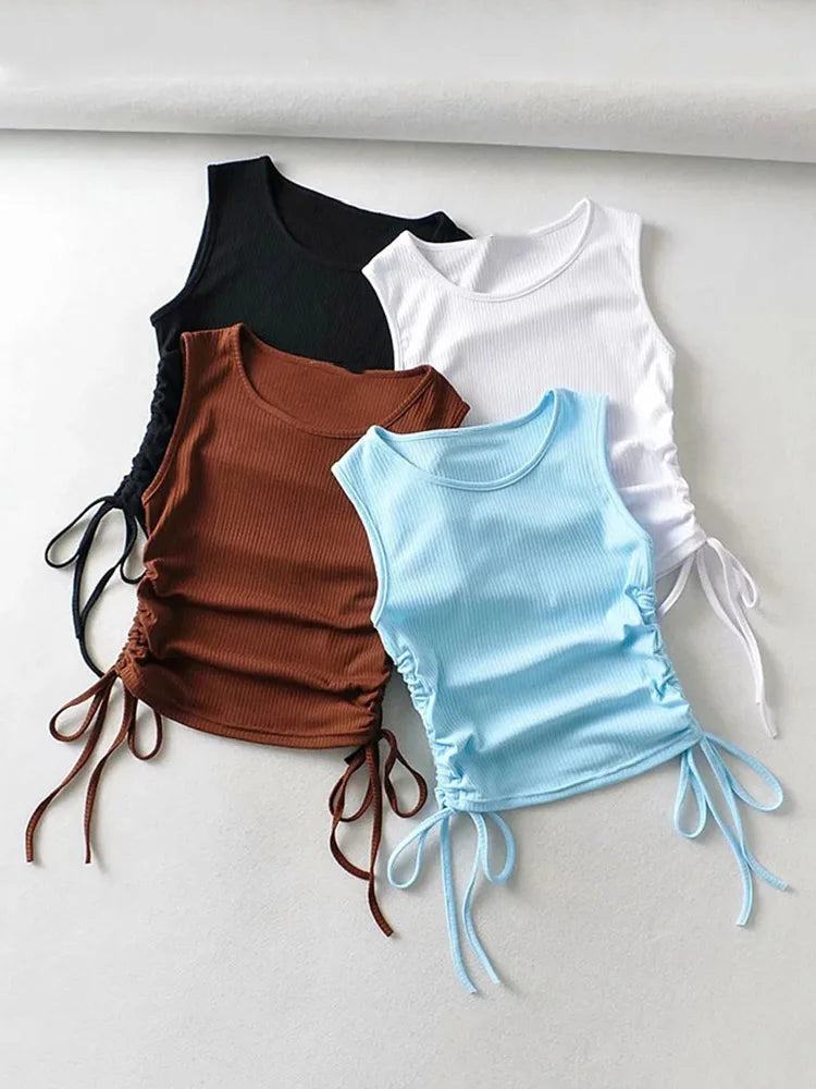 2024 Summer NEW Arrival Women Solid Color Sexy Causal Crop Top With String Both Side Club For Fashion Ladies