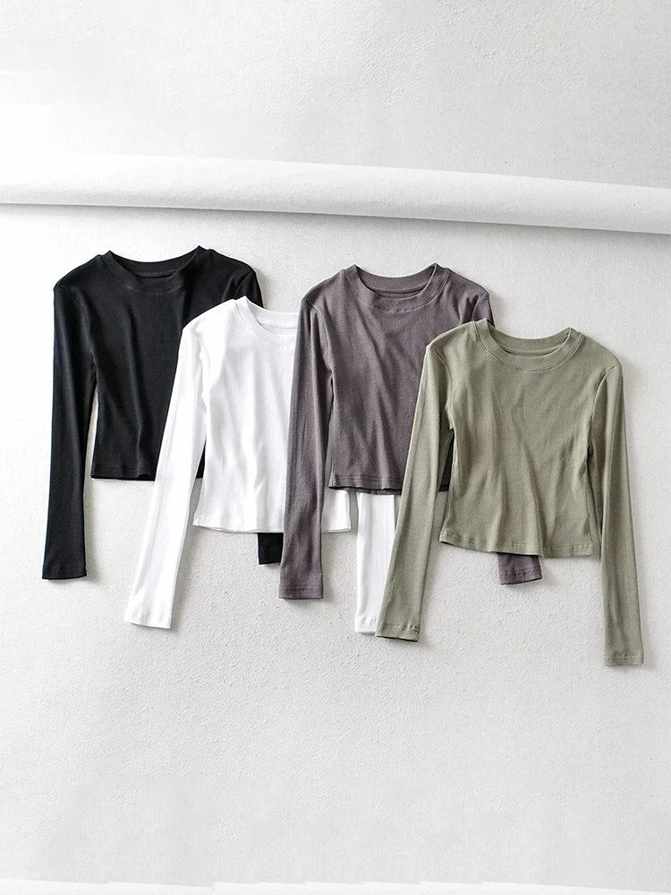 2024 Summer NEW Arrival Women Solid Color Sexy Causal O-Neck Long Sleeve Skinny Crop Top Club Streetwear Party