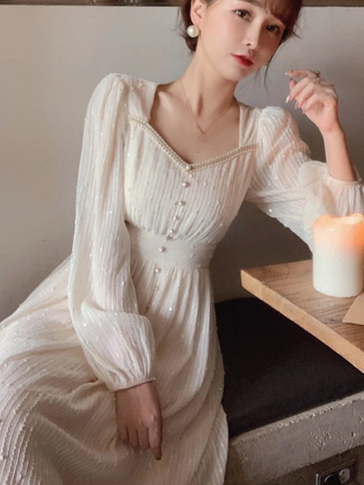 2024 Summer New Women Fashion Elegant White Midi Dresses Vintage Princess Female Party A Line Clothes Prom Robe Vestdios