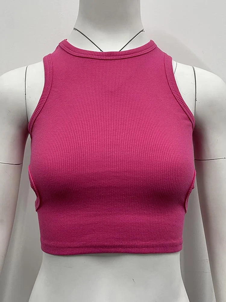 2024 Summer Solid Color Sleeveless T Shirt Women’s Side Hole Knitted Tops Knitted Tops Basic Wear Streetwear