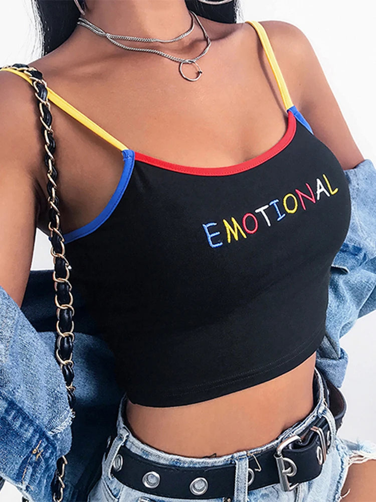 2024 Summer Women Crop Top Cropped Ladies Spaghetti Strap Elastic Camisole Sexy EMOTIONAL Letter Embroidery Tank Tops