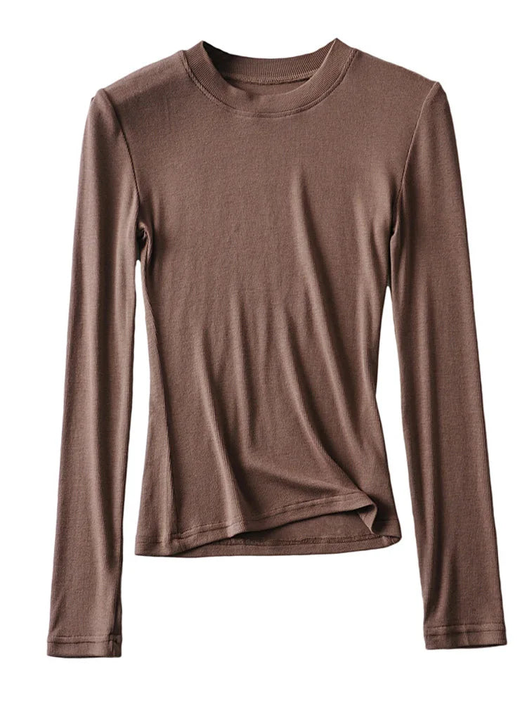 2024 Women Clothing Cotton Kintted Tops Casual Slim Elastic O-neck Full-sleeve T-shirt