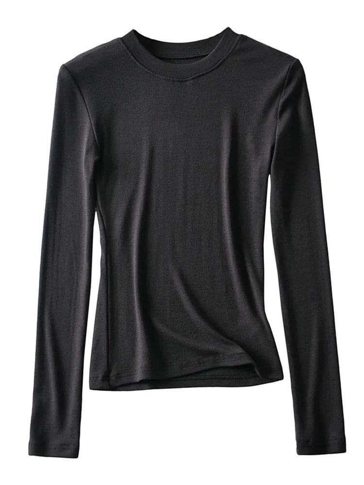 2024 Women Clothing Cotton Kintted Tops Casual Slim Elastic O-neck Full-sleeve T-shirt