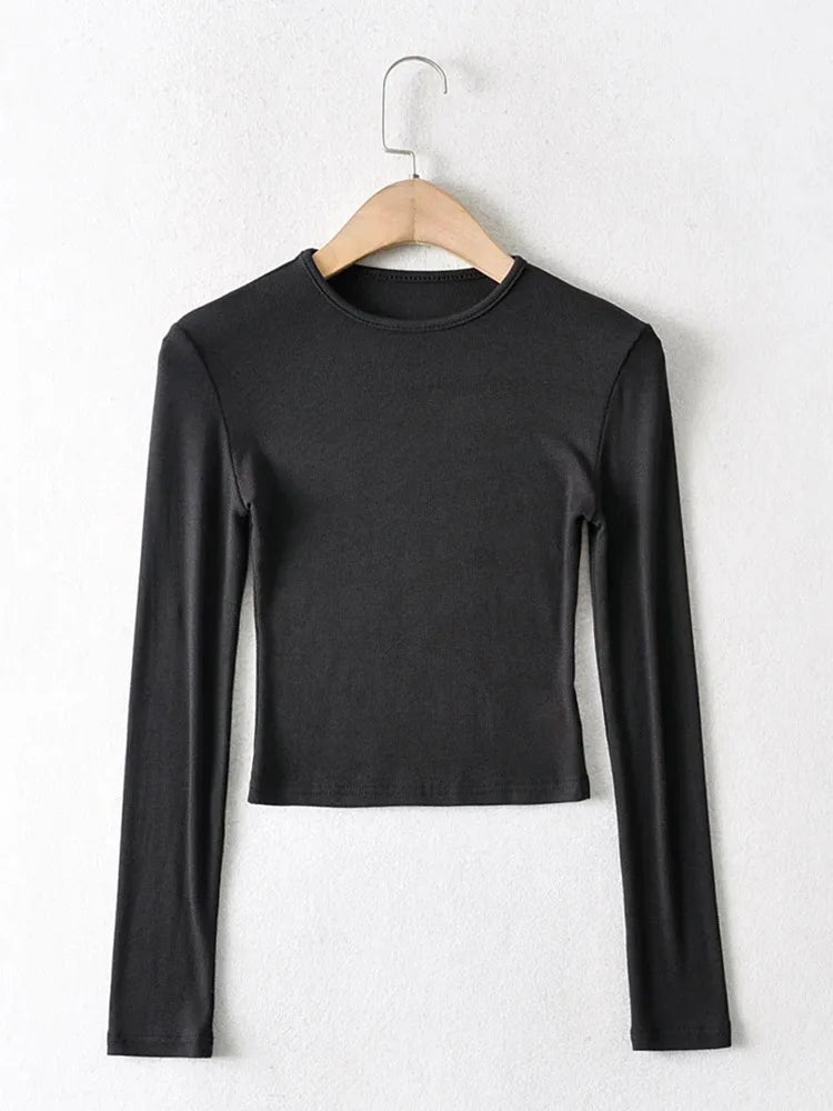 2024 Women Clothing Elastic Cotton Crop Tops Casual Solid O-neck Long-sleeve T-shirt