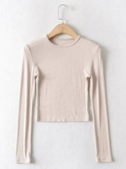 2024 Women Clothing Elastic Cotton Crop Tops Casual Solid O-neck Long-sleeve T-shirt