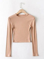 2024 Women Clothing Elastic Cotton Crop Tops Casual Solid O-neck Long-sleeve T-shirt