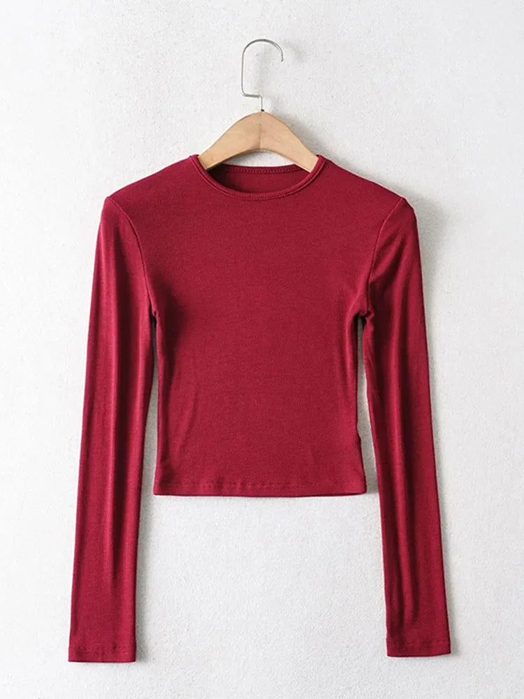 2024 Women Clothing Elastic Cotton Crop Tops Casual Solid O-neck Long-sleeve T-shirt