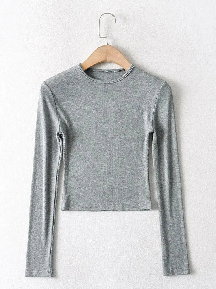 2024 Women Clothing Elastic Cotton Crop Tops Casual Solid O-neck Long-sleeve T-shirt