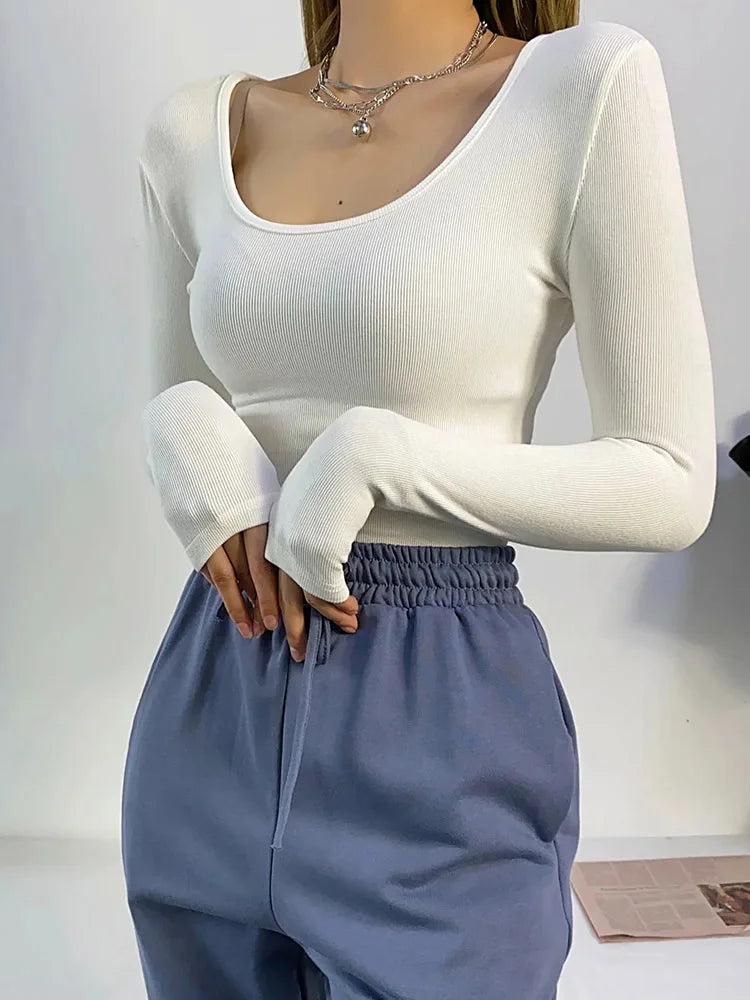 2024 Women Clothing Tops Fit Casual Elastic Cotton Solid O-neck full sleeve T-shirt