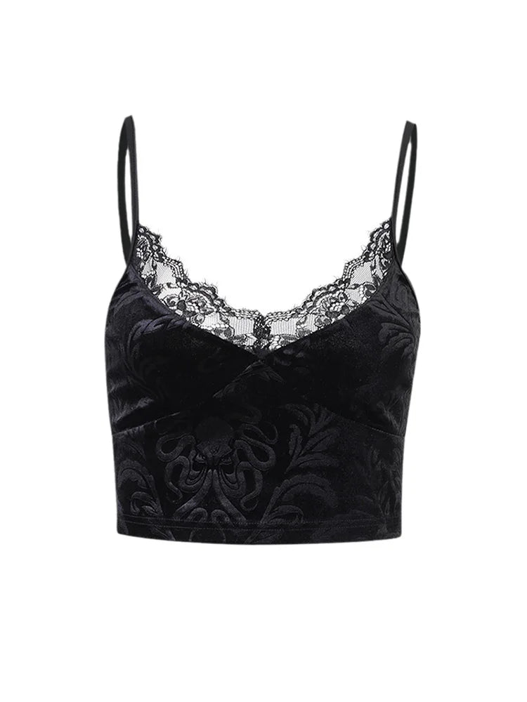 2024 Women Crop Top Skeleton Printed Black Tops Sexy Aesthetic Fairy Core 90s CamisoleClothes