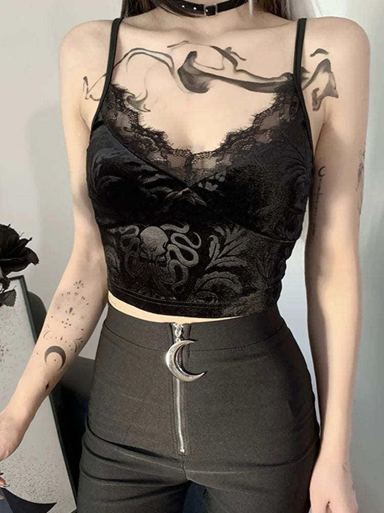 2024 Women Crop Top Skeleton Printed Black Tops Sexy Aesthetic Fairy Core 90s CamisoleClothes