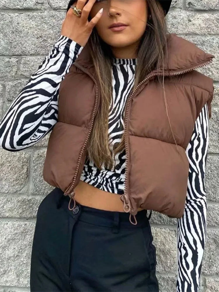 2024 Women Fashion Brown Cropped Vest Coat Female Stand Collar Zipper Waistcoat Ladies Casual Outerwear