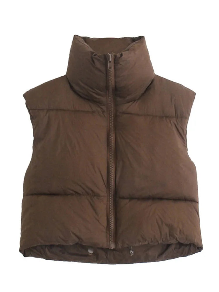 2024 Women Fashion Brown Cropped Vest Coat Female Stand Collar Zipper Waistcoat Ladies Casual Outerwear