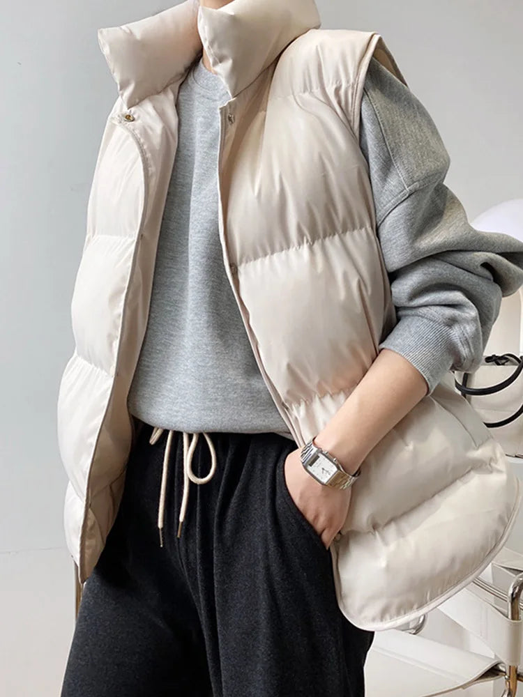 2024 Women Vest Coat Stand Collar Winter Women Warm Coat Tops Beige Vest Chaleco Mujer Gilet Casaco Feminino