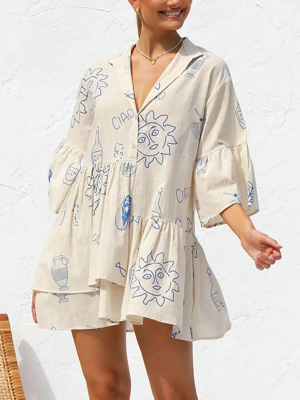 Sunny Siesta - Ethnic Style Loose Shirt Short Dress