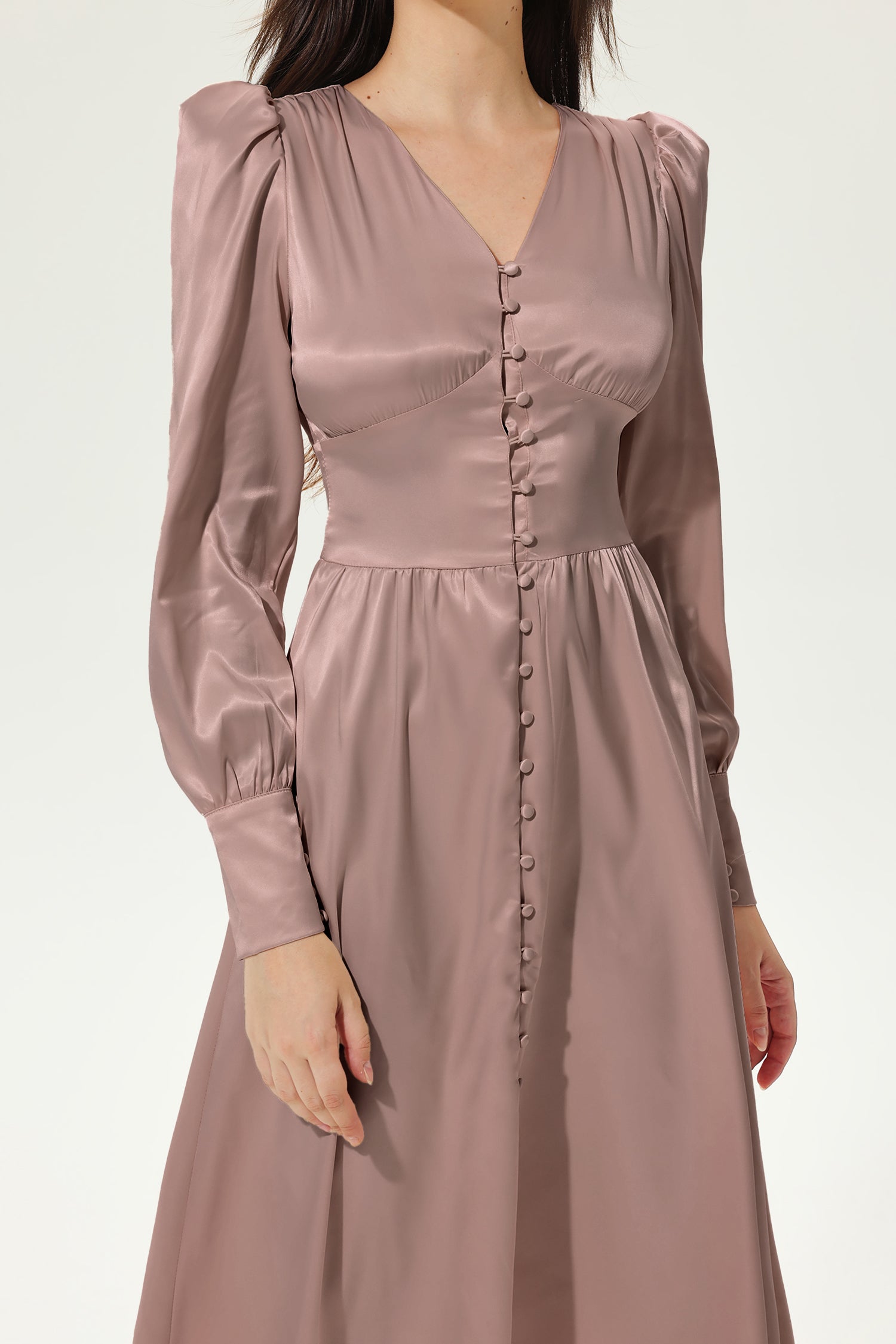 Lantern Sleeve V-Neck Buttoned Midi Dress Brown