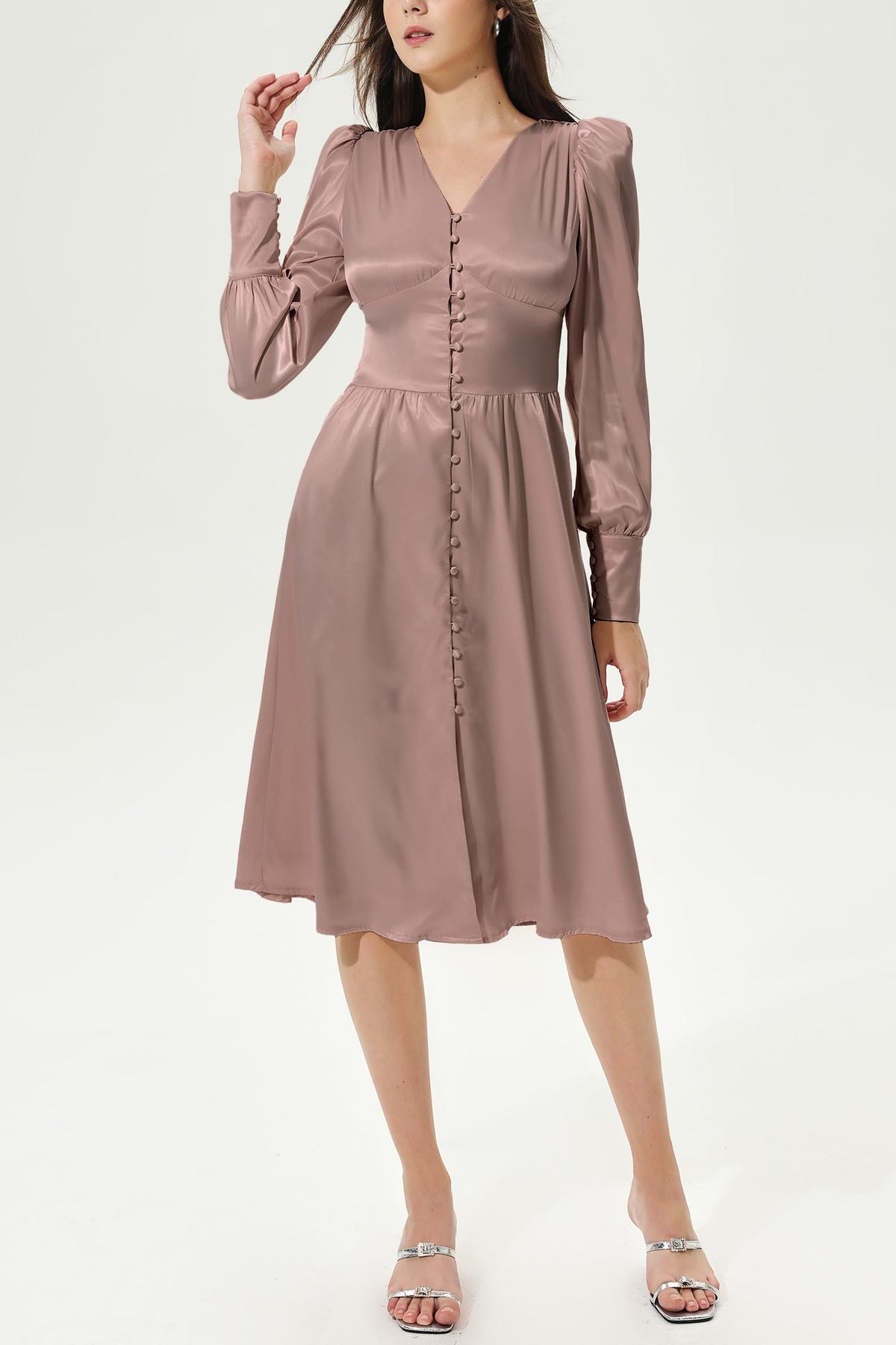 Lantern Sleeve V-Neck Buttoned Midi Dress Brown