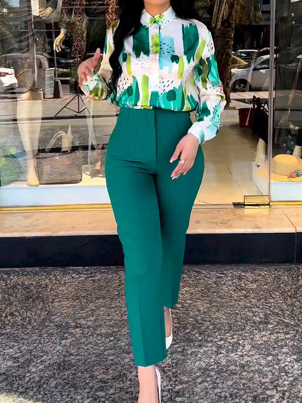 Long Sleeves Buttoned Printed Lapel Blouses Top + High Waisted Pants Bottom Two Pieces Set