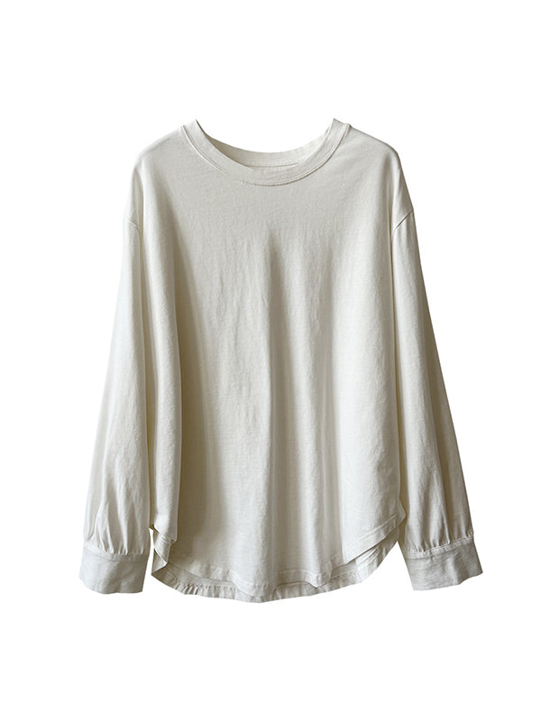 Long Sleeves Loose Solid Color Round-Neck T-Shirts Tops