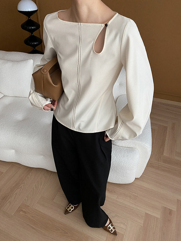 Long Sleeves Loose Asymmetric Belly-Hollow Solid Color Round-Neck Blouses&Shirts Tops