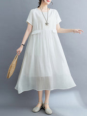 Loose Short Sleeves Gauze Solid Color Split-Joint Round-Neck Midi Dresses