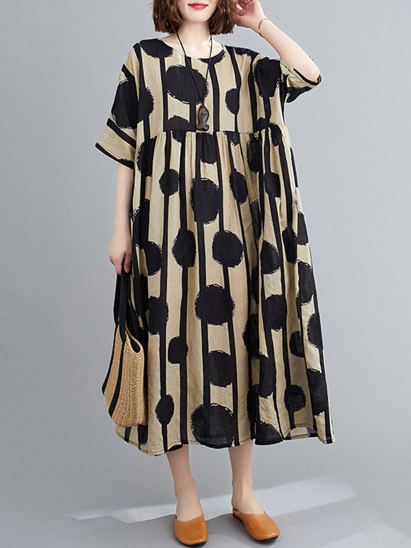 Original Polka-Dot Split-Joint Round-Neck Midi Dress