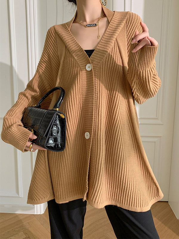 Stylish A-Line Long Sleeves Loose Solid Color V-Neck Cardigan Tops