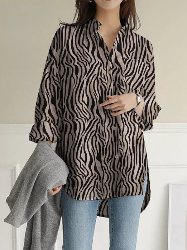 High-Low Long Sleeves Buttoned Pockets Split-Side Zebra-Stripe Lapel Blouses&Shirts Tops