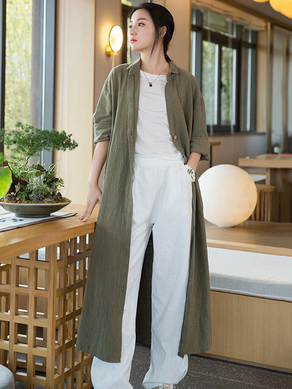 Artistic Retro Loose Simple Casual Solid Color Ramie Trench Coat