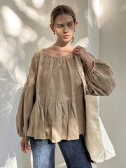 Casual Loose Linen Solid Color Pleated Puff Sleeves T-Shirt Top