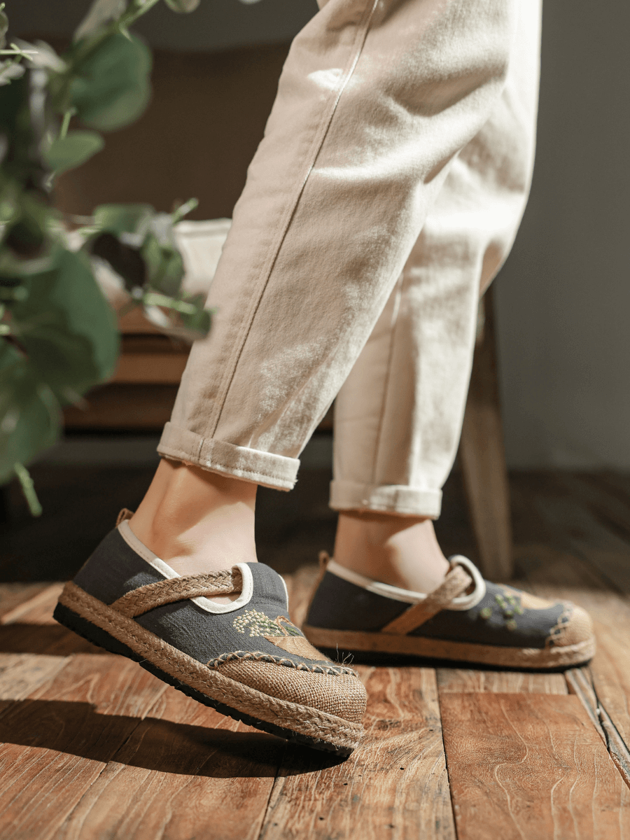 CACTUS ROSE | BASKET EMBROIDERED LINEN ESPADRILLE LOAFER - GREY