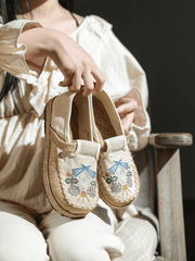 CACTUS ROSE | PATTERN EMBROIDERED LINEN ESPADRILLE LOAFER - BEIGE