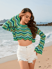 Appreciate You Crochet Striped Scalloped Hem Crop Top - Green