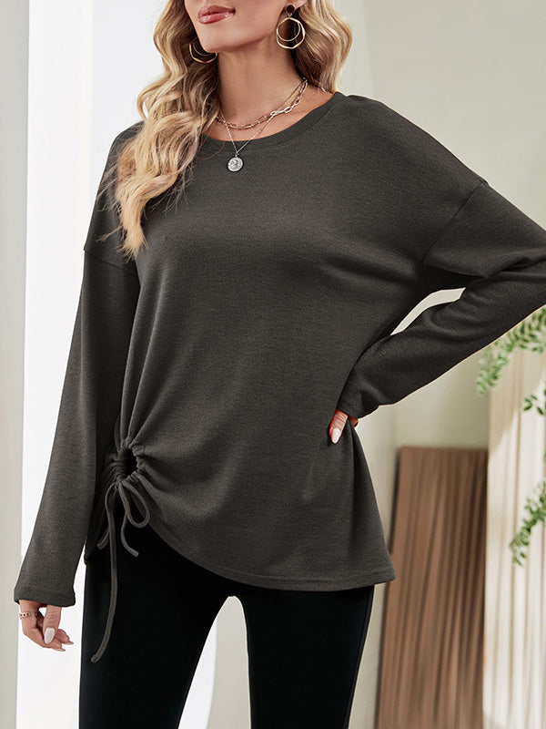 Long Sleeves Loose Asymmetric Drawstring Hollow Solid Color Round-Neck T-Shirts Tops