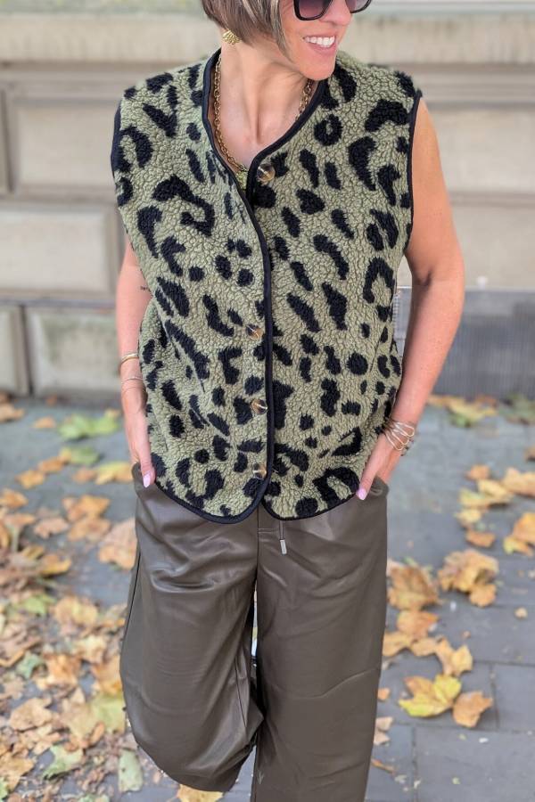 Women's Leopard Print Front Opening Casual Autumn and Winter Vest Jacket