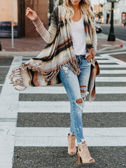 Long Sleeves Loose Buttoned Striped Tasseled Heaps Collar Cardigan Tops