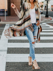 Long Sleeves Loose Buttoned Striped Tasseled Heaps Collar Cardigan Tops