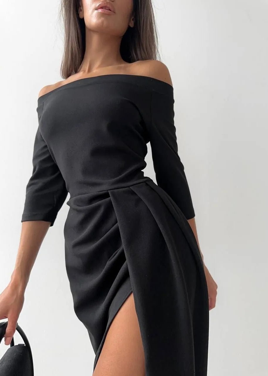 Elegant Off-Shoulder Slit Dress - Long Sleeve Waist Tie