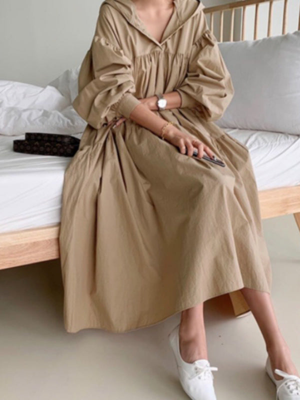 Urban Solid Color Pleated Long Sleeves Hooded Midi Dress