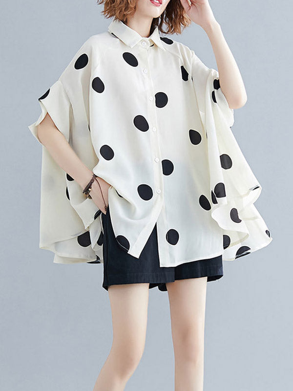 Batwing Sleeves Half Sleeves Buttoned Polka-Dot Lapel Blouses&Shirts Tops