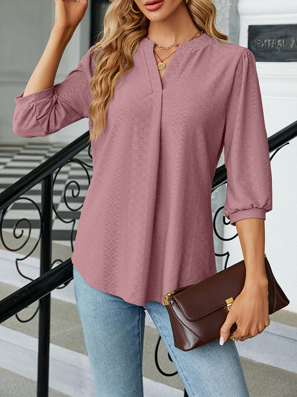 Loose Puff Sleeves Jacquard Pleated Solid Color Split-Joint V-Neck T-Shirts Tops