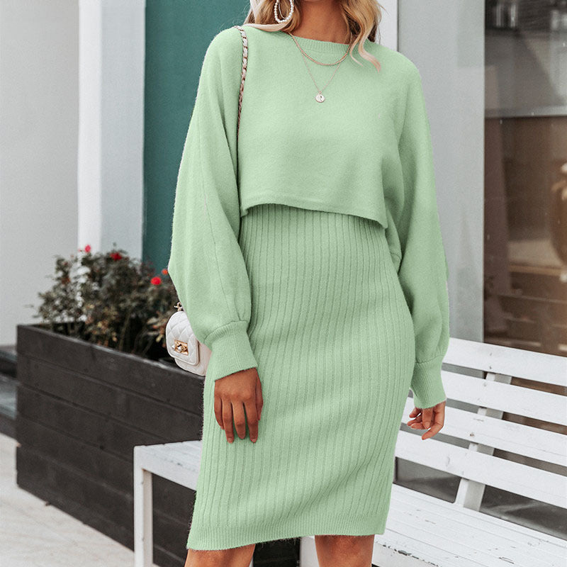 Knitted Dress Two Piece Set Autumn Winter Solid Color Pullover Sweater Women