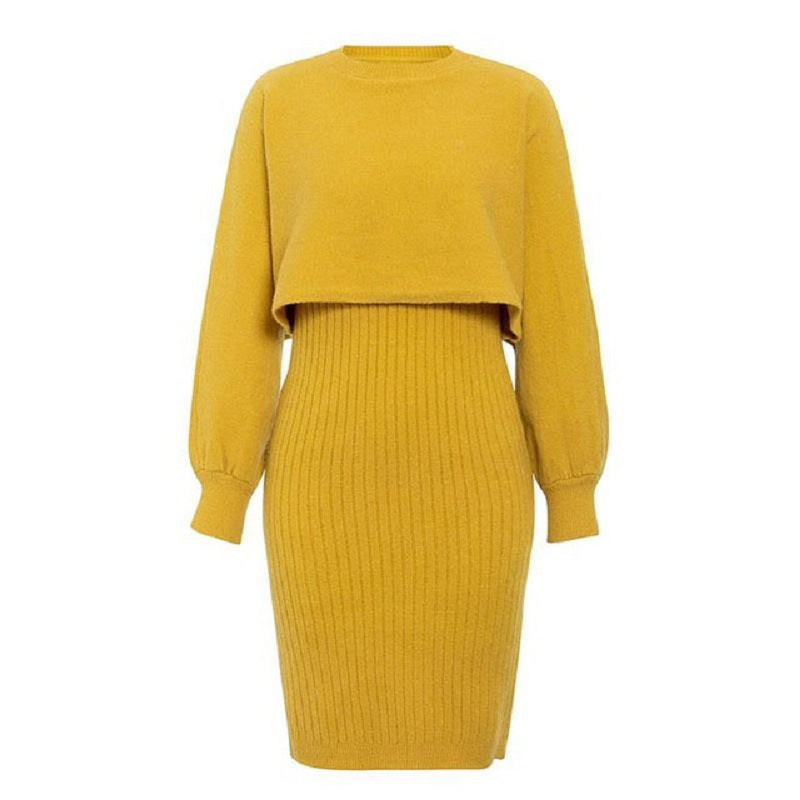 Knitted Dress Two Piece Set Autumn Winter Solid Color Pullover Sweater Women