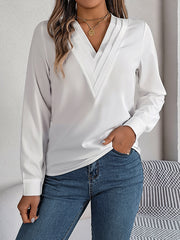 Long Sleeves Loose Pleated Solid Color Split-Joint V-Neck T-Shirts Tops