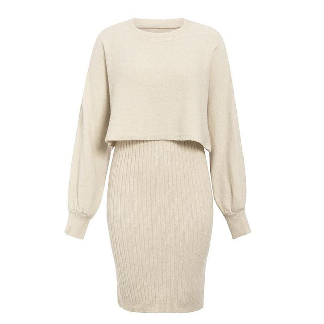 Knitted Dress Two Piece Set Autumn Winter Solid Color Pullover Sweater Women