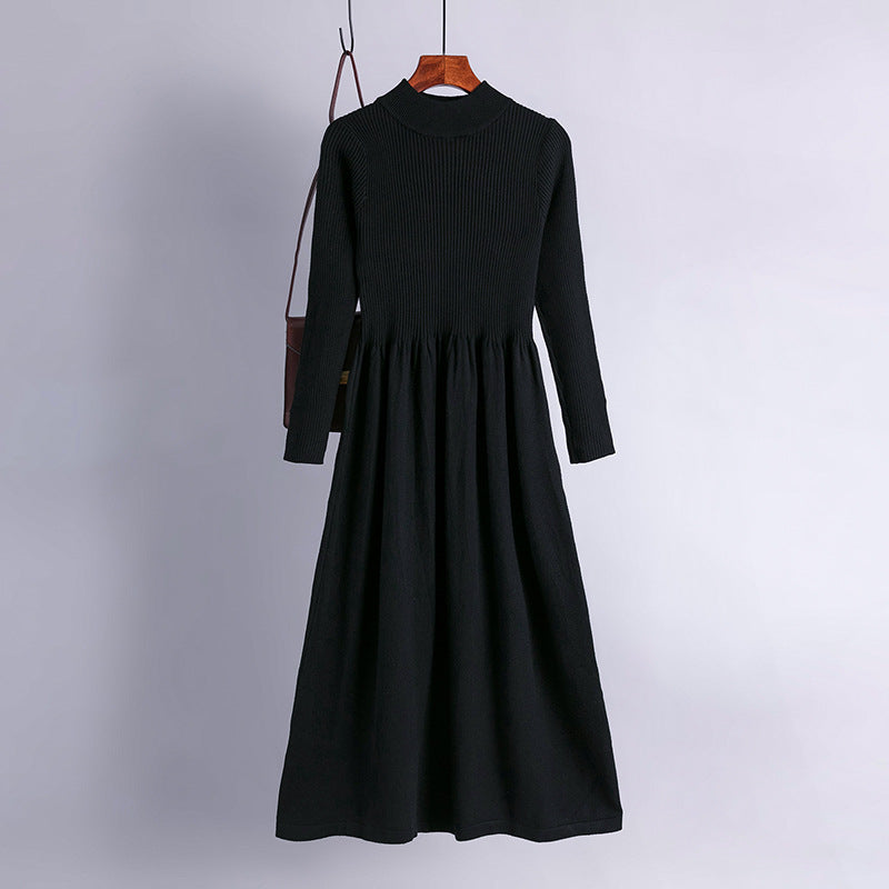 Autumn Winter Half High Collar Swing Long Knitted Dress Waist Controlled Slimming Long Sleeve Simple Dinified Sweater Bottoming Women